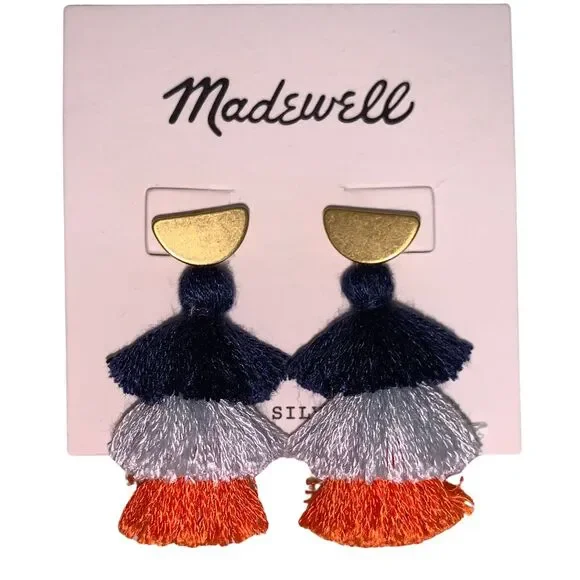 Madewell Colorful Tiered Tassel Earrings Navy, Silver & Orange Fringe - Picture 3 of 4